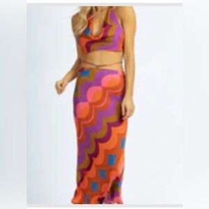 Olivaceous MULTIPATTERN WAIST TIE MIDI SKIRT + CROP SET